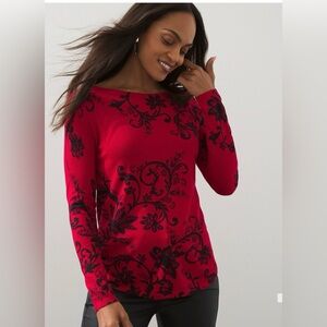 Chico’s Scrolls Bateau Pullover Sweater Wild Poppy (Red) Women's Size 1